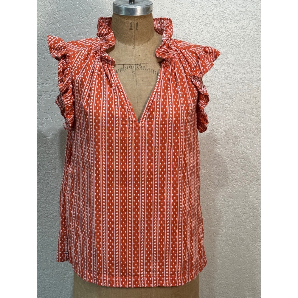 Sundance Womens Small Orange White Geometric Ruffle Neck Cap Sleeve Cotton Top